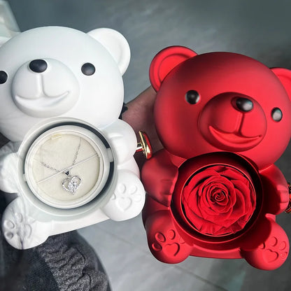 Teddy Bear W/ Forever Rose & Golden Heart Necklace