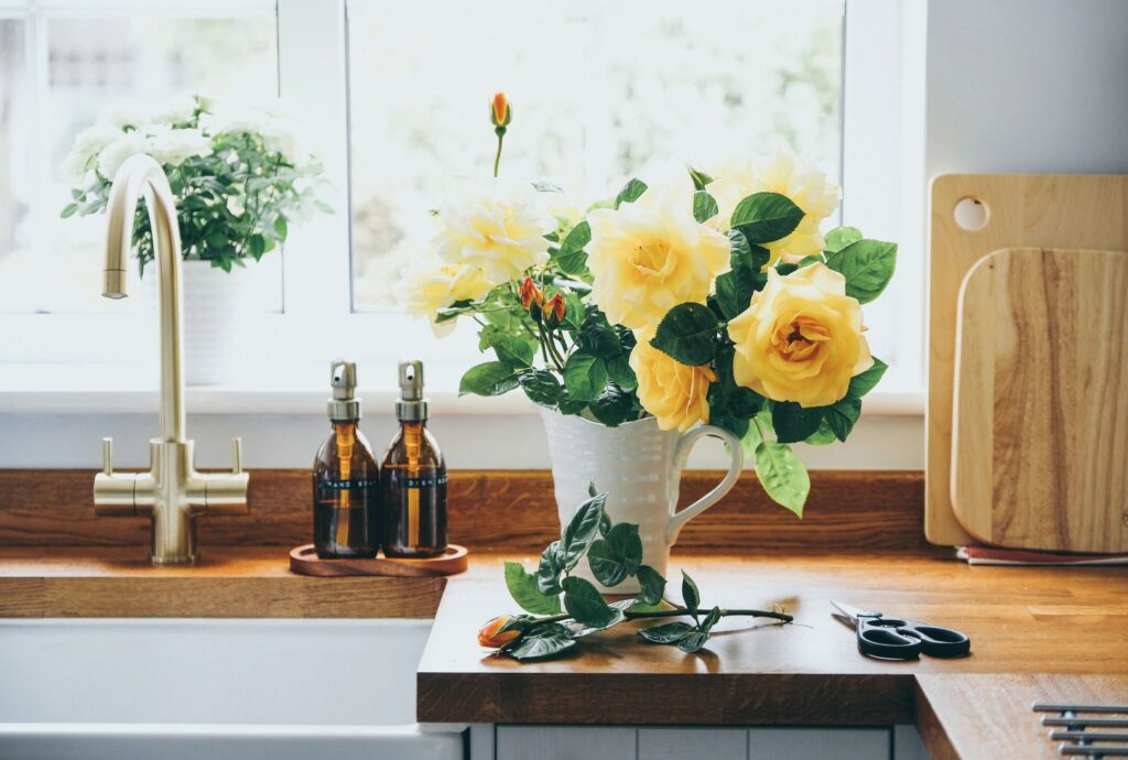Freshly cut yellow roses from the garden
