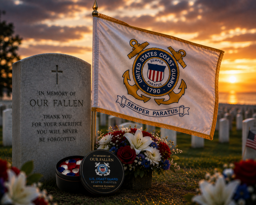 United States Coast Guard memorial flag arrangement at a gravesite