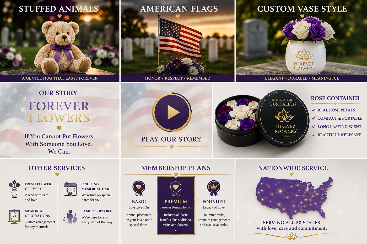 Membership Add-Ons promotional image with memorial-themed product panels in purple, white, gold, and black