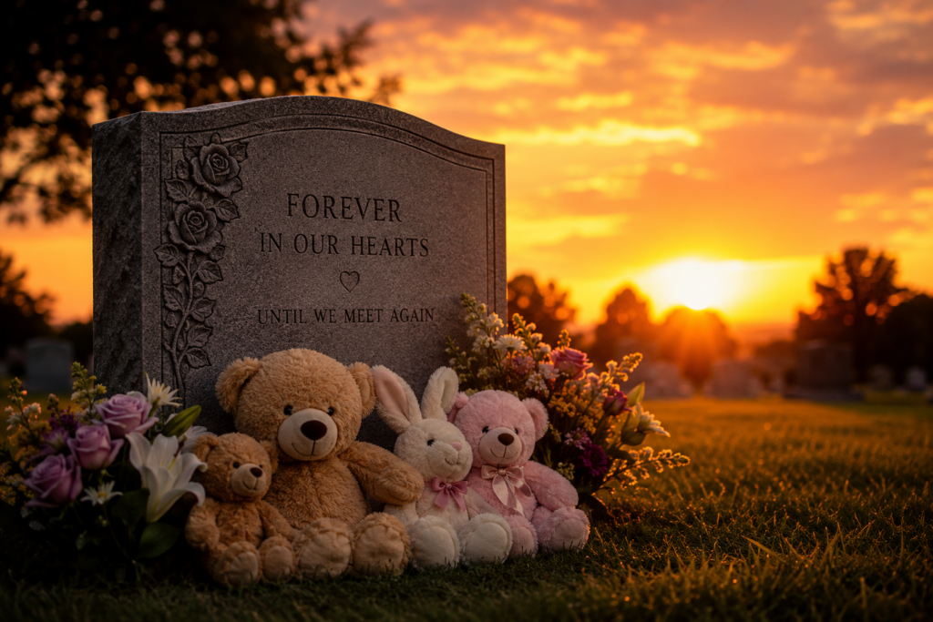 Stuffed animal memorial placement at a gravesite with teddy bears, flowers, and sunset