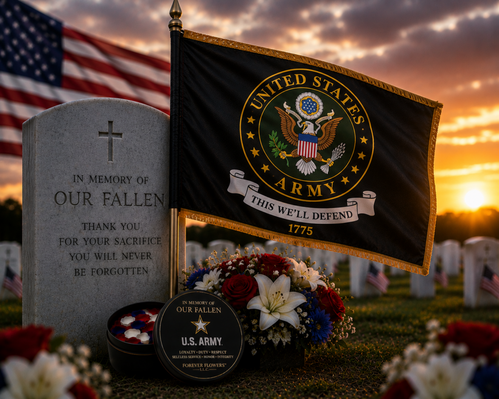 United States Army memorial flag arrangement at a gravesite with flowers at sunset