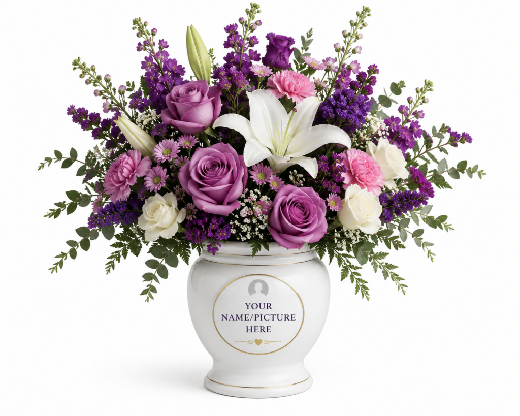 Custom vase floral arrangement with purple, pink, and white flowers in a white memorial vase