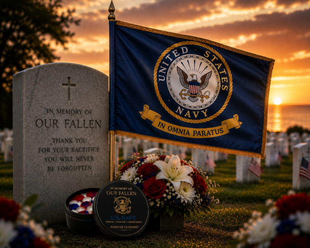 United States Navy memorial flag arrangement at a gravesite during sunset