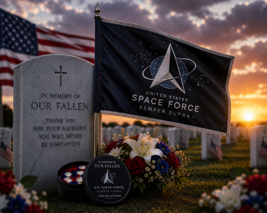 United States Space Force memorial flag arrangement at a gravesite
