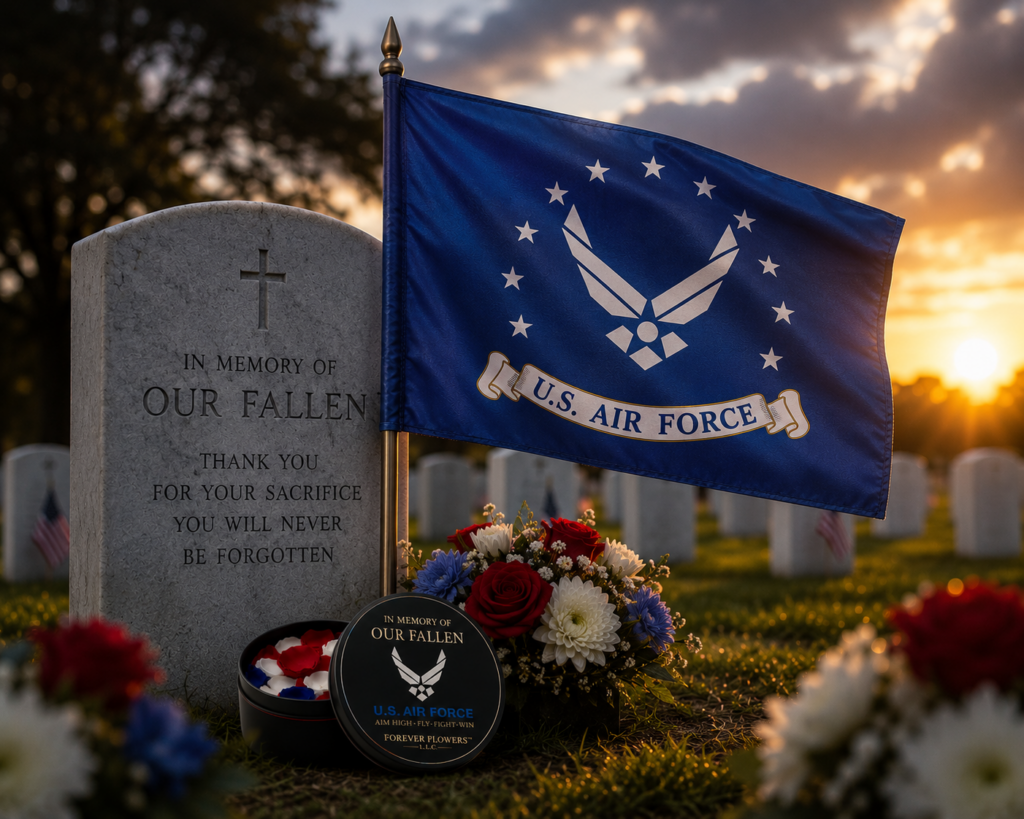 United States Air Force memorial flag arrangement at gravesite